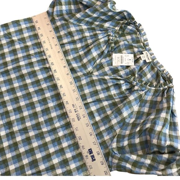 J Crew Blouse Womens M Green Tilly Plaid Artist Top Blue Ruffle Neck Boho Fall - Picture 5 of 9